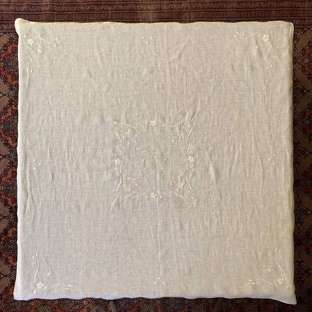 Hand Embroidered White Linen Tablecloth 40” Square European Openwork Hem Vintage